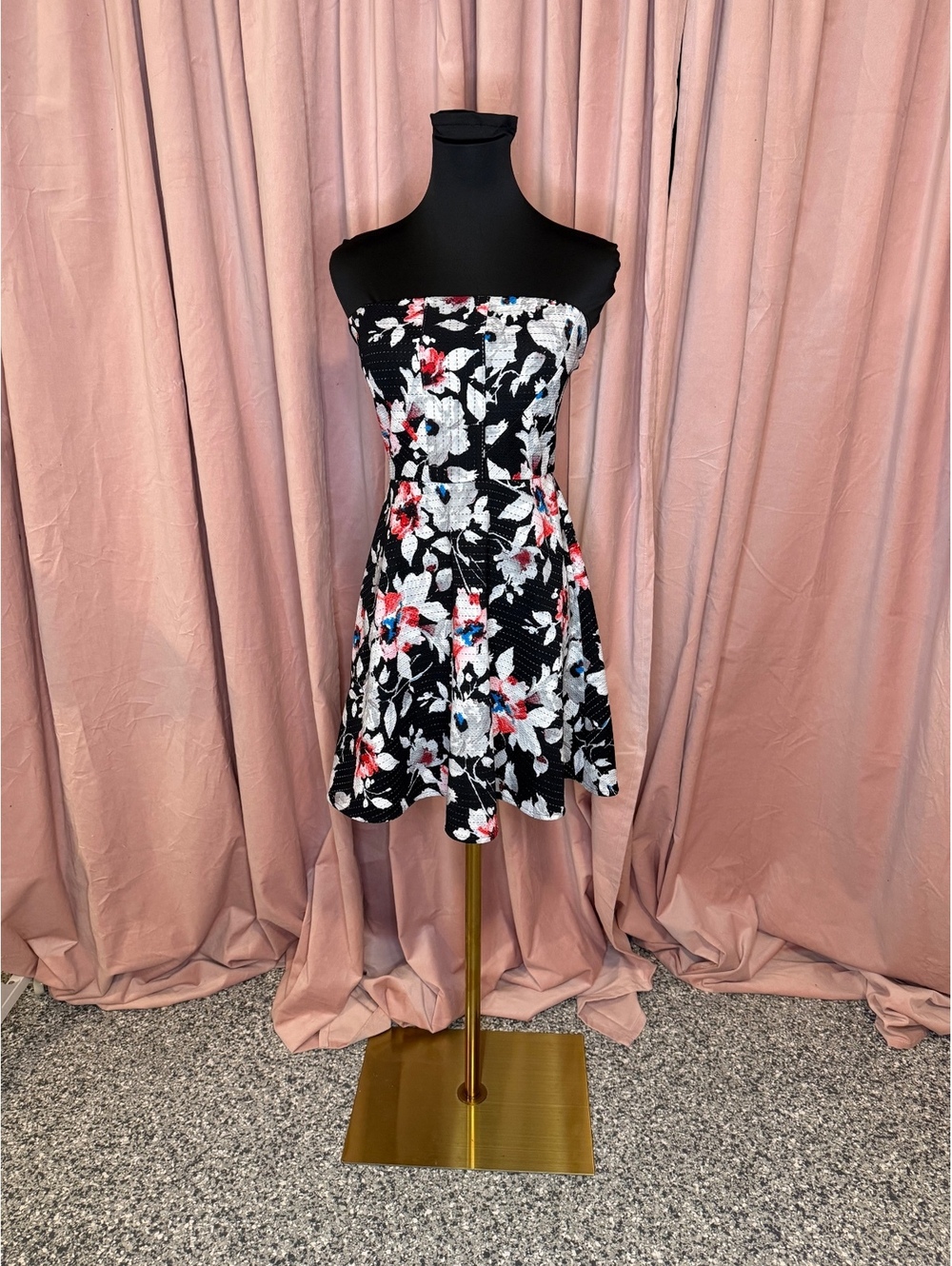 Floral Strapless Black Dress with White and Red Flowers
